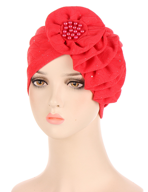 Fashion Watermelon Red Polyester Gold Pleated Floral Beanie Hat