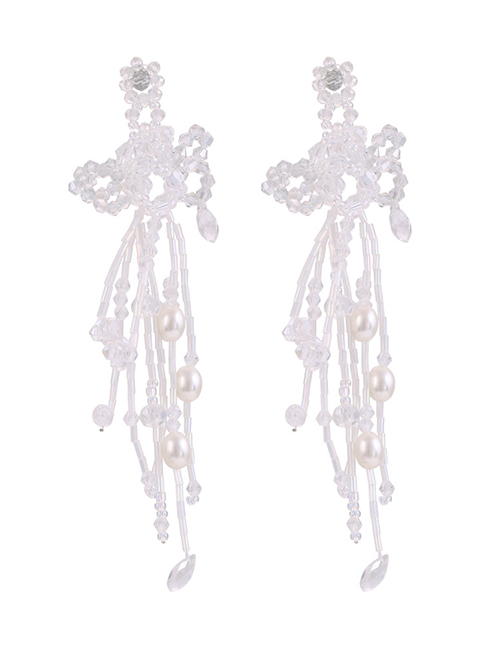 Fashion White Glass Crystal Beaded Tassel Drop Earrings