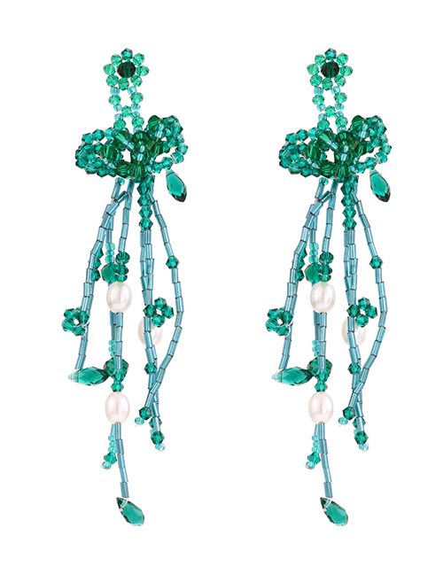 Fashion Green Glass Crystal Beaded Tassel Drop Earrings