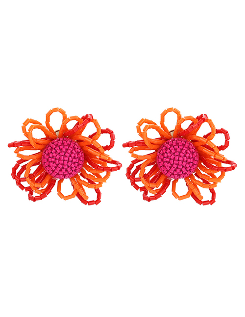 Fashion Red Orange Glass Crystal Beaded Braided Flower Stud Earrings