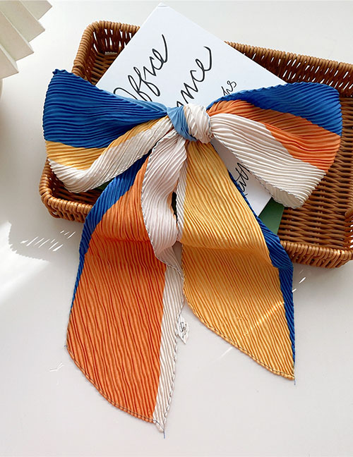 Fashion 4 Pleated Color Matching Blue Orange Color-block Long Pleated Silk Scarf