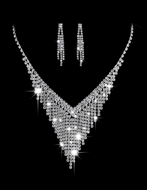 Fashion Silver Geometric Rhinestone Pearl Stud Earrings Ring Necklace Set
