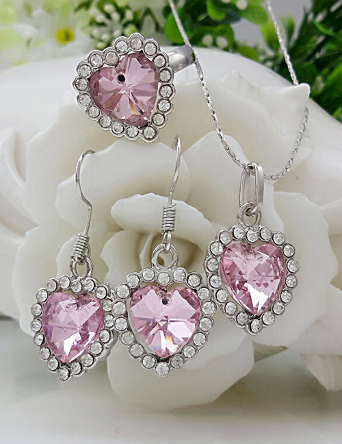 Fashion 010-43-108 Pink Alloy Set Heart Diamond Stud Earrings Necklace Ring Set