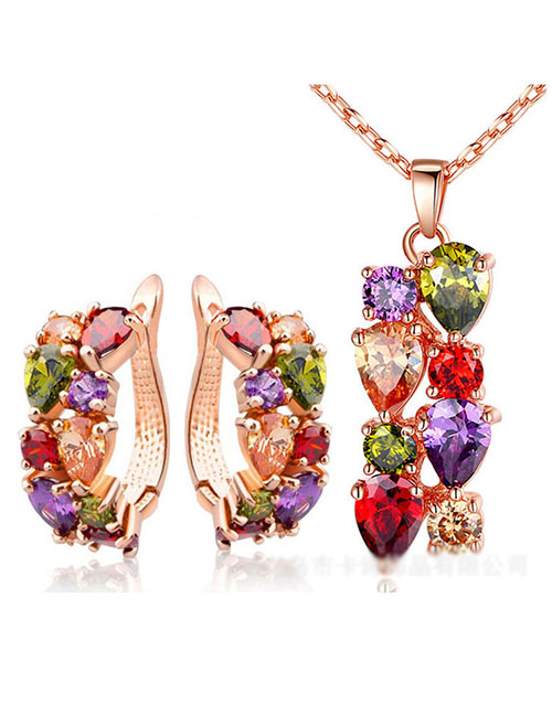 Fashion Rose Gold Bronze Zirconium Geometric Necklace And Earring Set