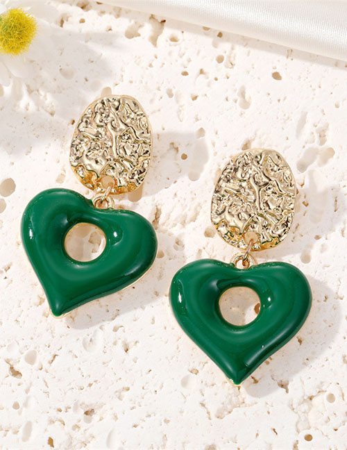 Fashion Green Alloy Drop Oil Hollow Heart Stud Earrings