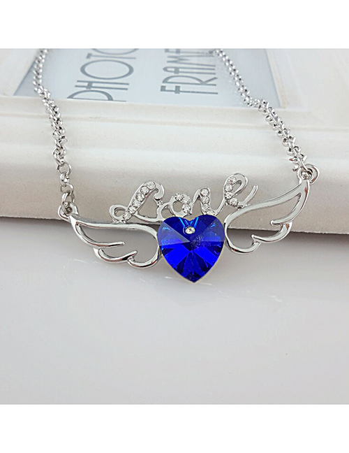 Fashion 033-48 Silver + Sapphire Blue Alloy Set Heart Diamond Wings Alphabet Necklace