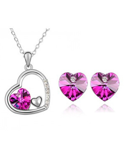Fashion Purple Alloy Set Heart Diamond Stud Necklace Set