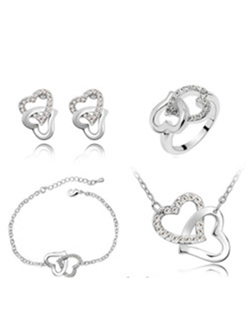 Fashion White Alloy Diamond Heart Stud Earrings Necklace Ring Bracelet Set