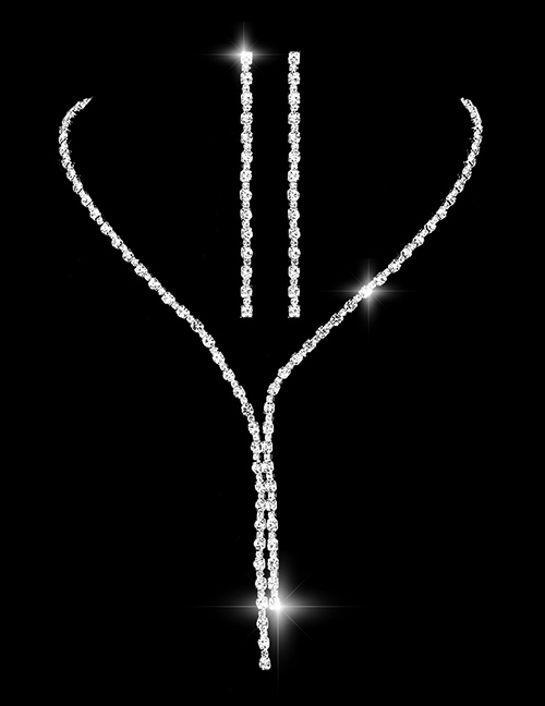 Fashion Silver Geometric Diamond Tassel Necklace Set
