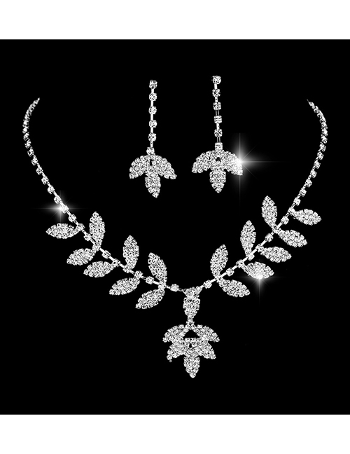 Fashion Silver Geometric Diamond Leaf Drop Necklace Set