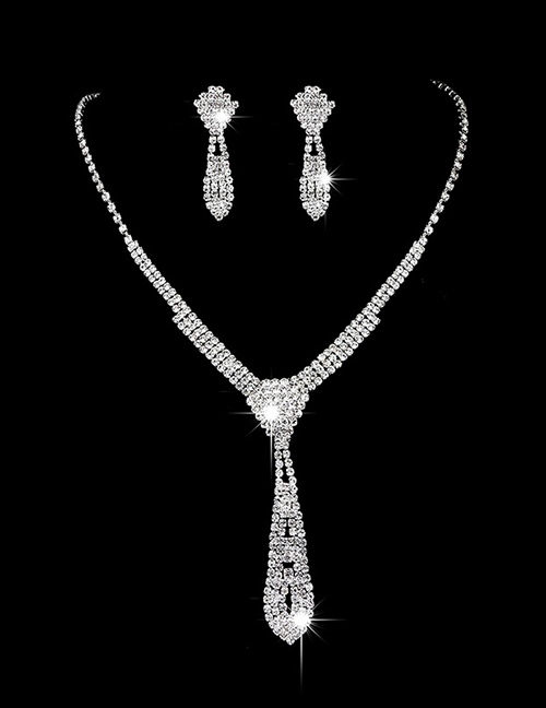 Fashion White Geometric Diamond Drop Earrings Necklace Set