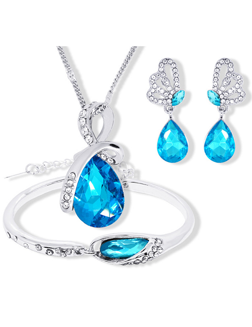 Fashion Sea ??blue Alloy Diamond Geometric Stud Earrings Bracelet Necklace Set