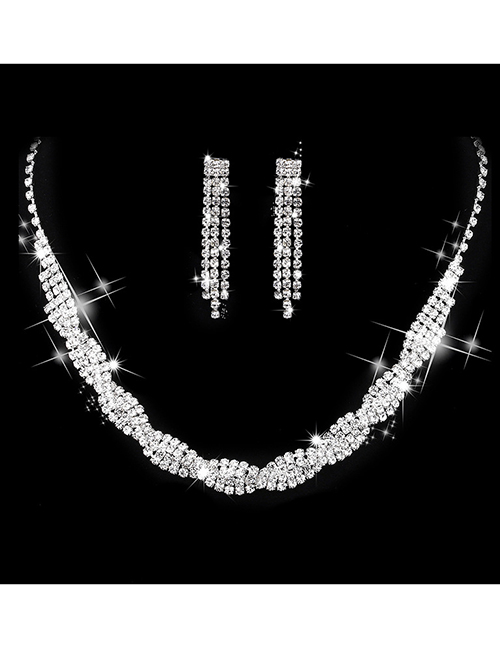 Fashion Silver Geometric Diamond Drop Earrings Tassel Necklace Set