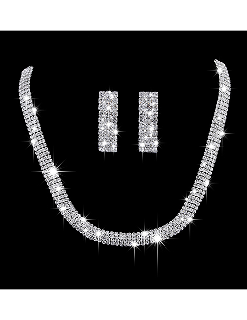 Fashion White Geometric Diamond Stud Necklace Set