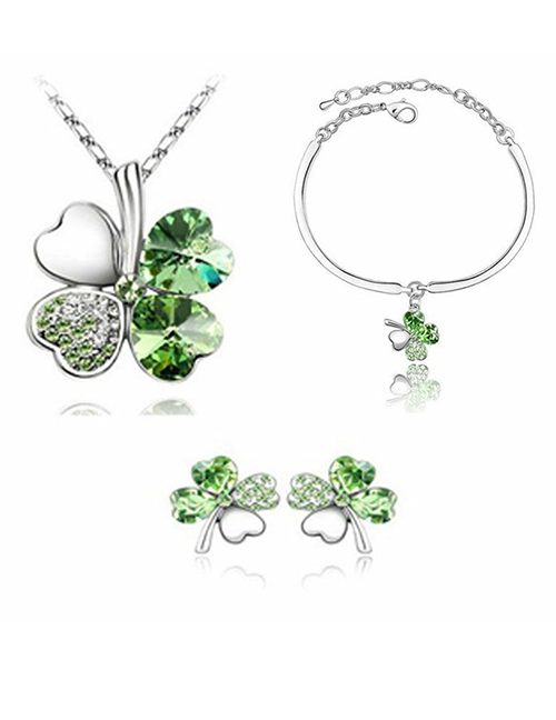 Fashion Green Alloy Diamond Four Leaf Clover Stud Earrings Bracelet Necklace Set