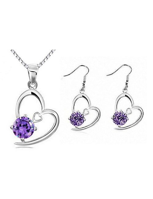 Fashion Purple Alloy Set Heart Zirconia Stud Necklace Set
