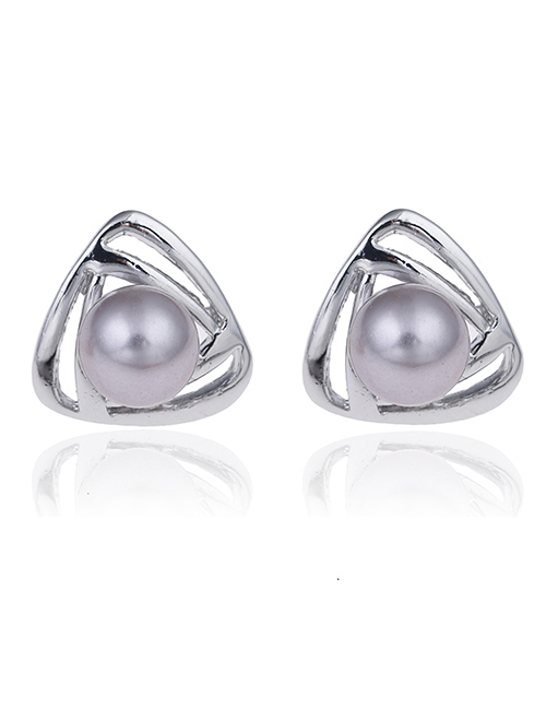 Fashion Silver Grey Alloy Pearl Triangle Stud Earrings