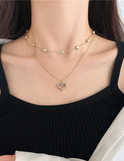 Fashion Gold Alloy Diamond Heart Double Layer Necklace
