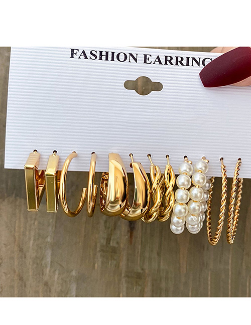 Fashion 4# Alloy Geometric Twist Pearl C-shaped Earrings Set