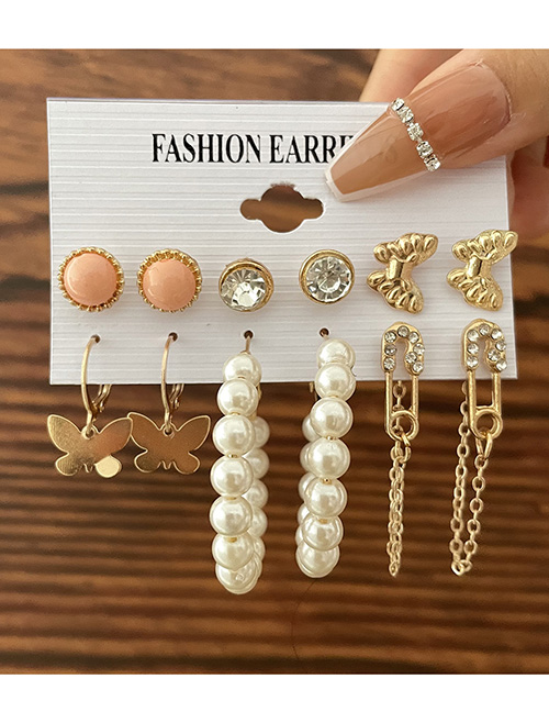 Fashion 2# Alloy Pearl Beaded Diamond Pin Butterfly Earring Set