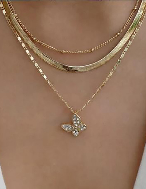 Fashion 1# Alloy Diamond Butterfly Snake Bone Chain Multilayer Necklace