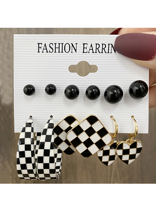 Fashion Gold Acrylic Check Heart Earring Set