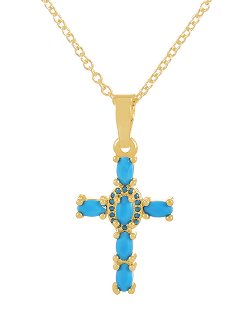 Fashion Lake Blue Bronze Zircon Cross Pendant Necklace