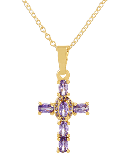 Fashion Purple Bronze Zircon Cross Pendant Necklace