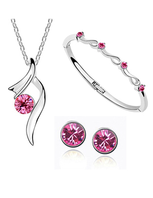 Fashion Rose Red Alloy Diamond Geometric Stud Necklace Bracelet Set
