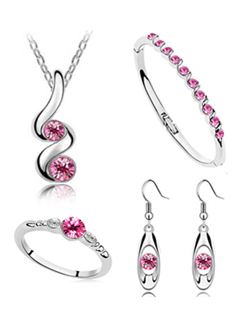 Fashion Rose Red Alloy Diamond Geometric Stud Earrings Bracelet Ring Necklace Set