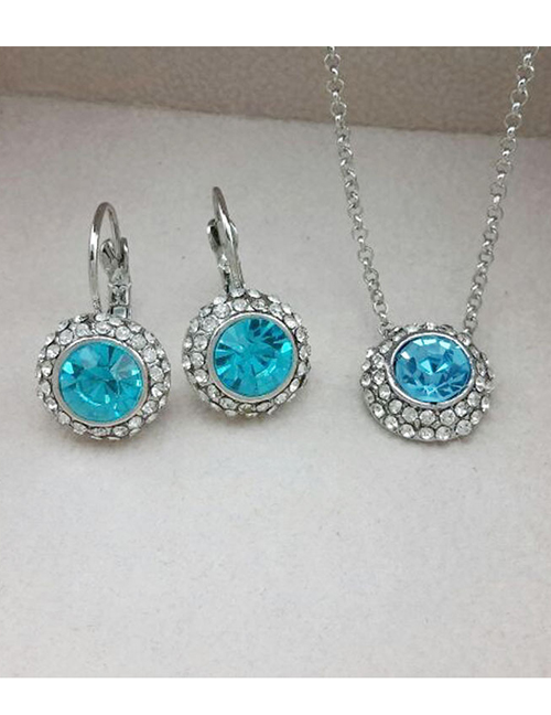 Fashion Silver + Sea Blue Alloy Diamond Geometric Hoop Necklace Set