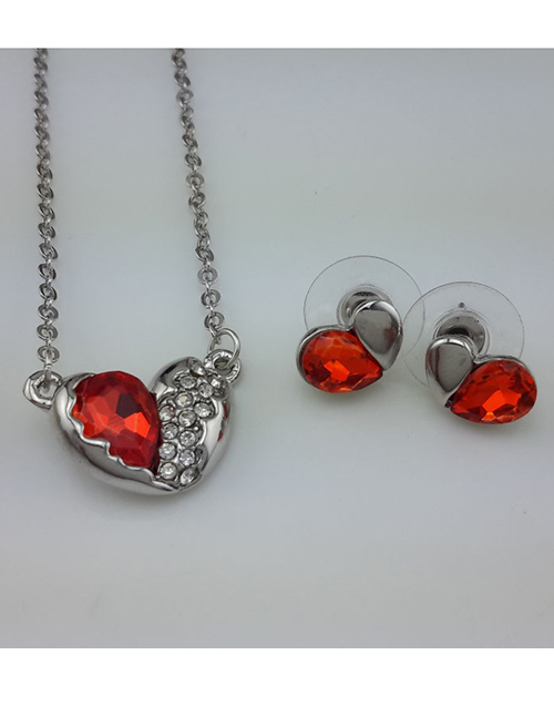 Fashion Water Lotus Red Alloy Diamond Heart Stud Necklace Set