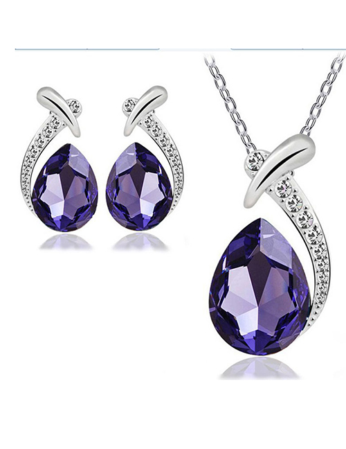 Fashion Deep Purple Alloy Diamond Geometric Stud Necklace Set