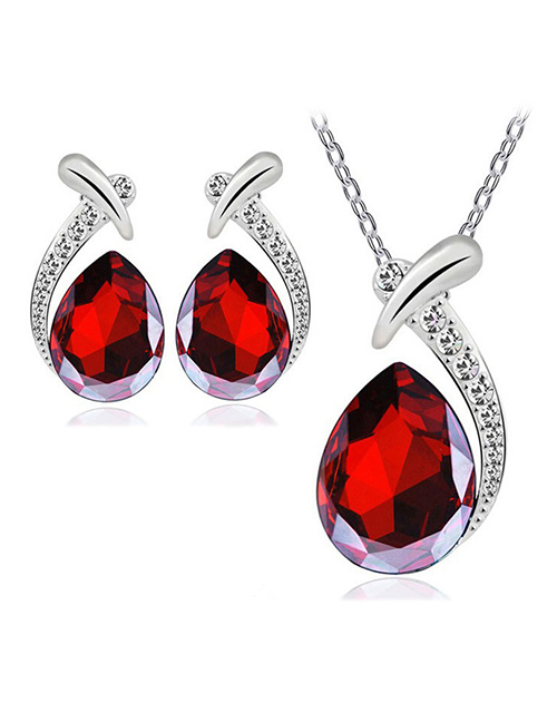 Fashion Big Red Alloy Diamond Geometric Stud Necklace Set