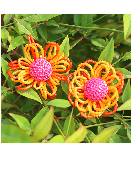 Fashion Red Orange Color Geometric Rice Beaded Daisy Stud Earrings