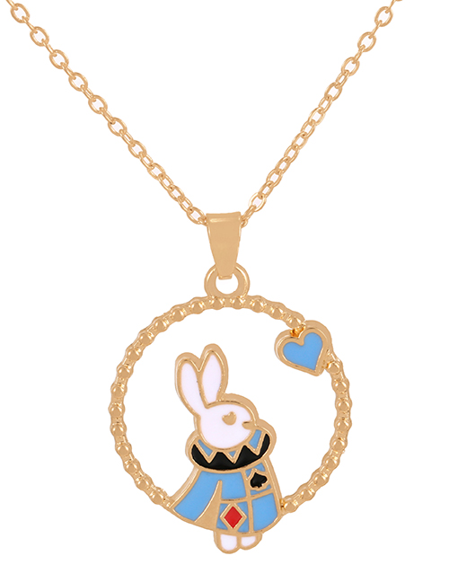 Fashion Blue Alloy Drop Oil Bunny Circle Pendant Necklace