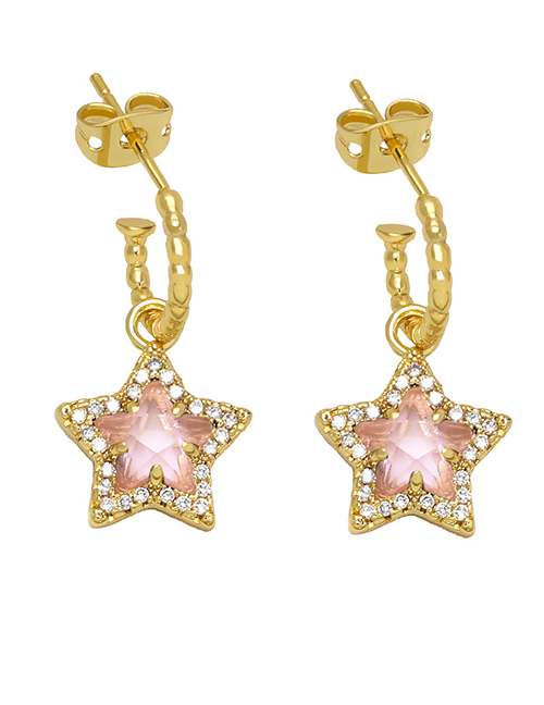 Fashion Pink Brass Diamond Pentagram Stud Earrings