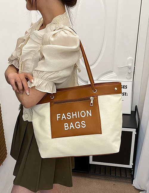 Fashion Brown Canvas Letter Print Large Capacity Shoulder Bag