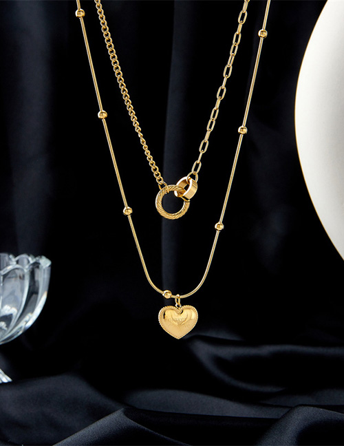 Fashion Gold Titanium Steel Heart Ring Double Necklace