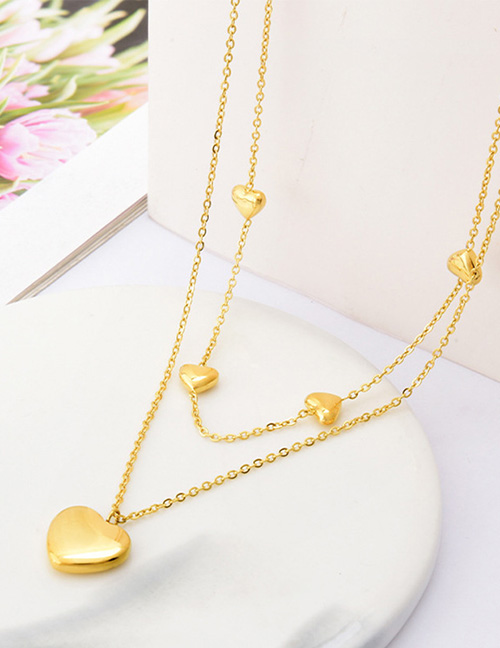 Fashion Gold Titanium Steel Heart Double Layer Necklace