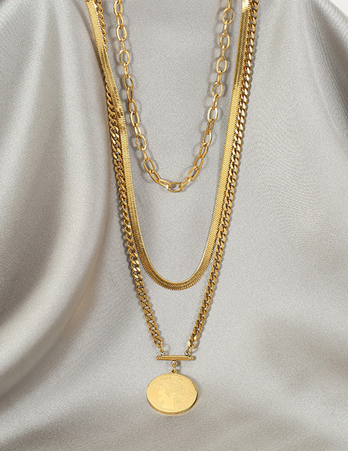 Fashion Gold Titanium Steel Portrait Round Ot Buckle Snake Bone Chain Multilayer Necklace