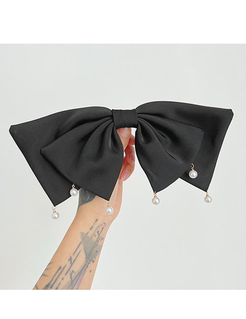 Fashion Black Fabric Pearl Tassel Bow Hair Clip
