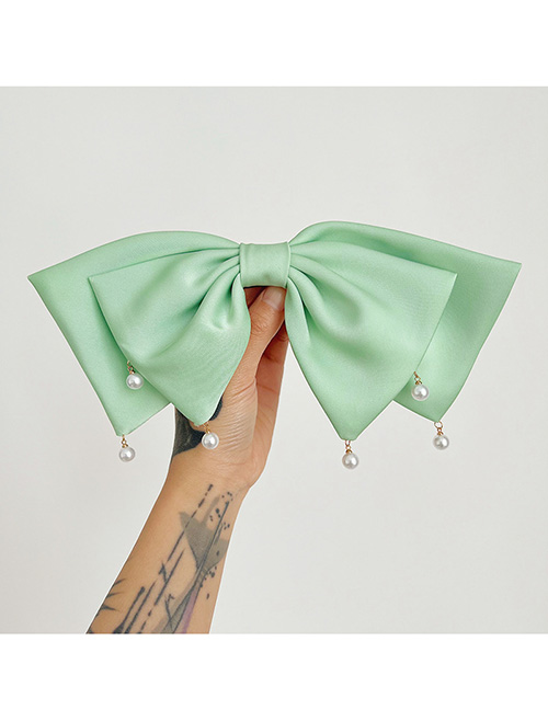 Fashion Green Fabric Pearl Tassel Bow Hair Clip