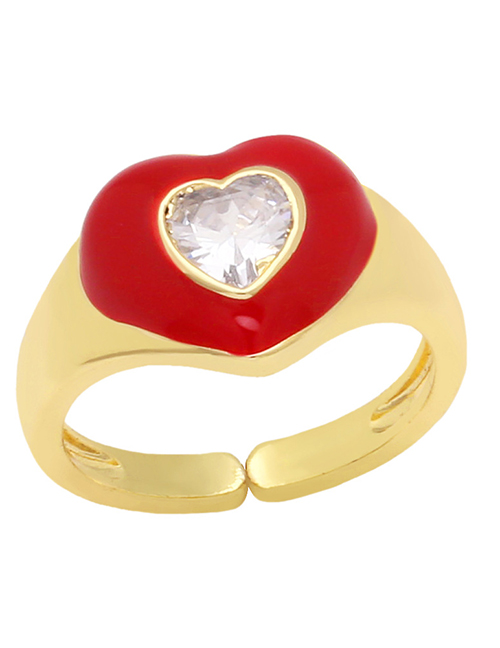 Fashion Red Copper Drip Oil And Diamond Heart Ring