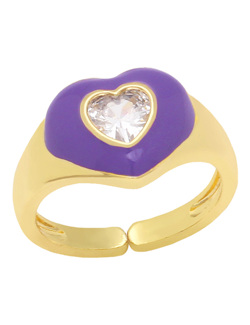 Fashion Purple Copper Drip Oil And Diamond Heart Ring