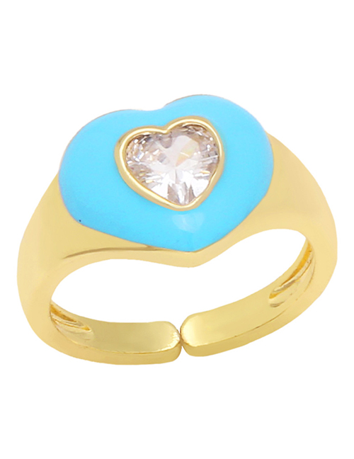 Fashion Blue Copper Drip Oil And Diamond Heart Ring