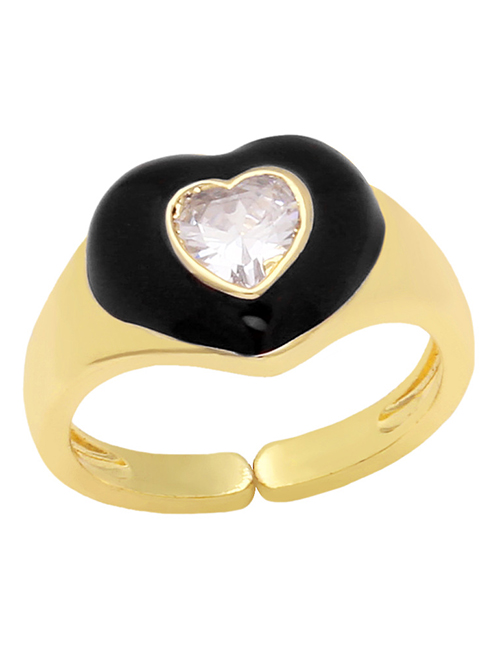 Fashion Black Copper Drip Oil And Diamond Heart Ring