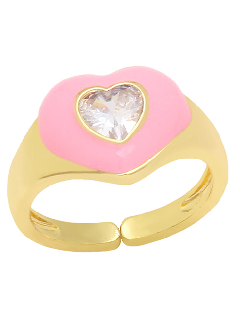 Fashion Pink Copper Drip Oil And Diamond Heart Ring