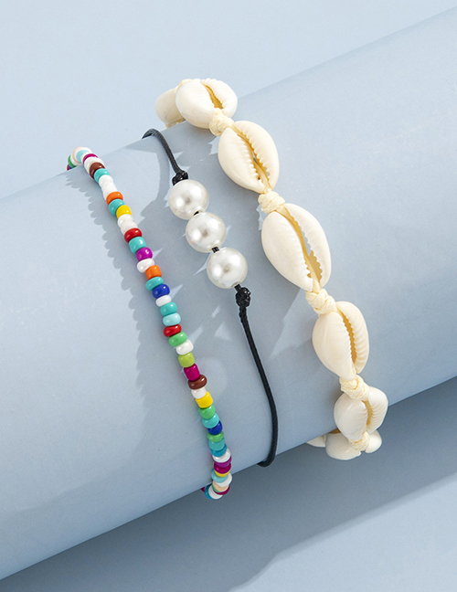 Fashion Color Alloy Colorful Rice Beads Beaded Shell Anklet Set