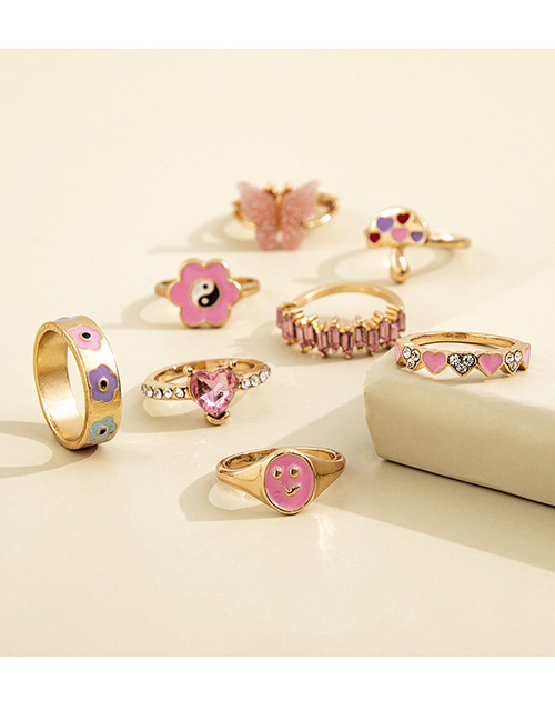 Fashion Gold Metal Drip Diamonds Love Flower Mushroom Butterfly Ring Set